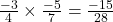 \frac{-3}{4} \times \frac{-5}{7} = \frac{-15}{28}