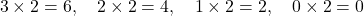 \[3 \times 2 = 6, \quad 2 \times 2 = 4, \quad 1 \times 2 = 2, \quad 0 \times 2 = 0\]
