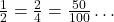\frac{1}{2} = \frac{2}{4} = \frac{50}{100} \ldots