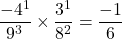 \[\frac{-\cancel{4}^1}{\cancel{9}^3} \times \frac{\cancel{3}^1}{\cancel{8}^2} = \frac{-1}{6}\]