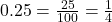0.25 = \frac{25}{100} = \frac{1}{4}