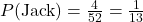 P(\text{Jack}) = \frac{4}{52} = \frac{1}{13}