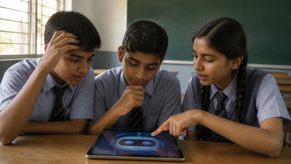 Classroom mein teen bachche tablet par AI ko dekh kar soch rahe hain ki uska faisla sahi hai ya nahi