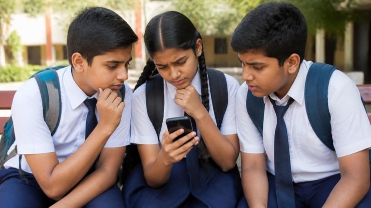 Teen school ke bachche bench par baithe phone par app ki permission dekh kar soch rahe hain