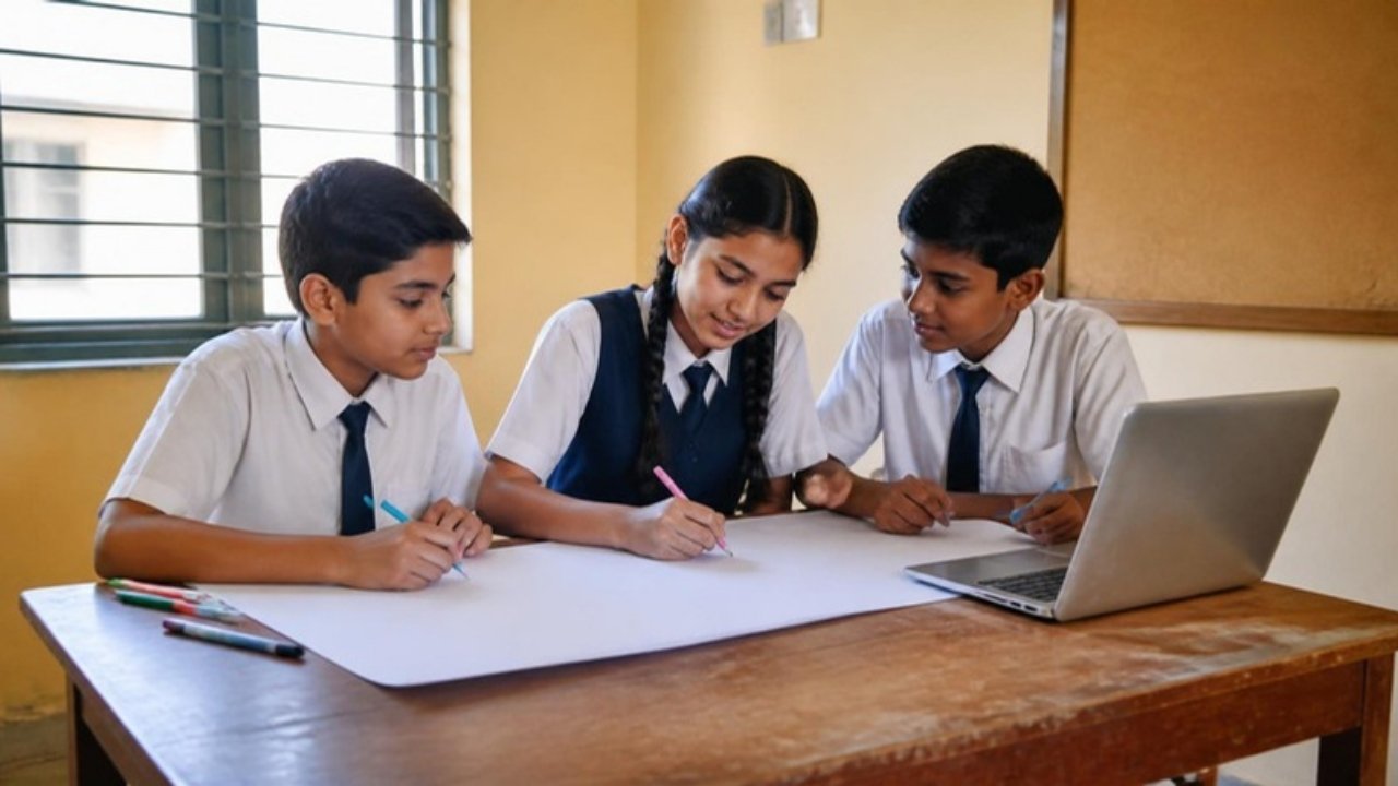 Teen school ke bachche classroom mein chart paper par AI ke niyam likh rahe hain
