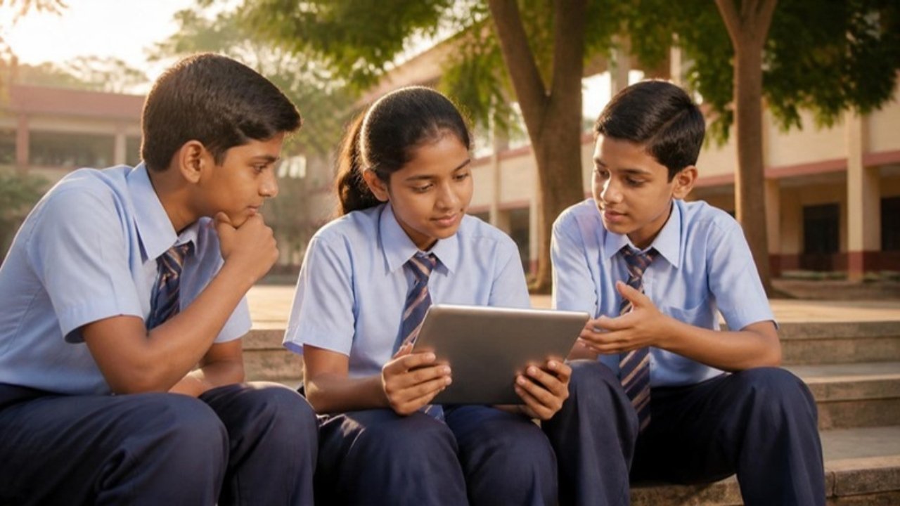 Teen school ke bachche shaam ko school ki seedhiyon par baith kar tablet dekhte hue AI ke baare mein baat kar rahe hain