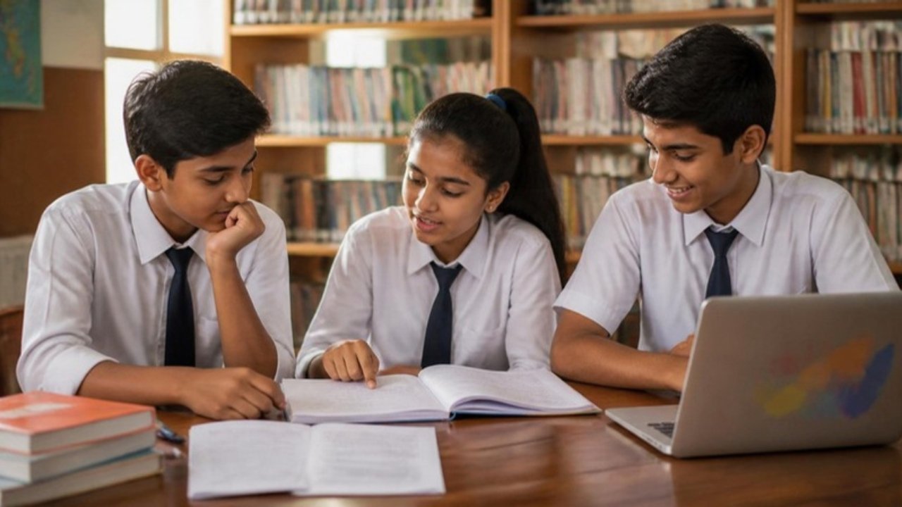 School library mein teen bachche notebook, question paper aur laptop ke saath AI Ethics chapter ki revision kar rahe hain