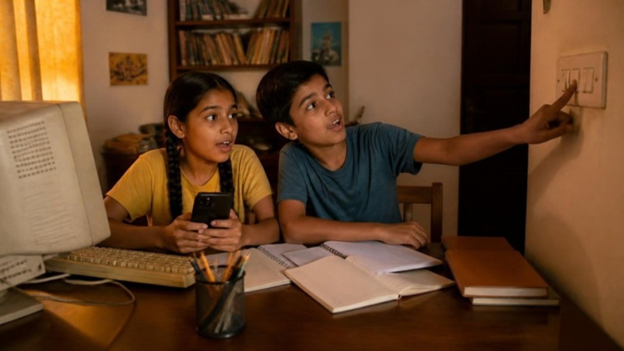 Do bachche study table pe purane computer ke paas, ladki ke haath mein phone aur ladka deewar ka bijli ka switch dabaa raha hai