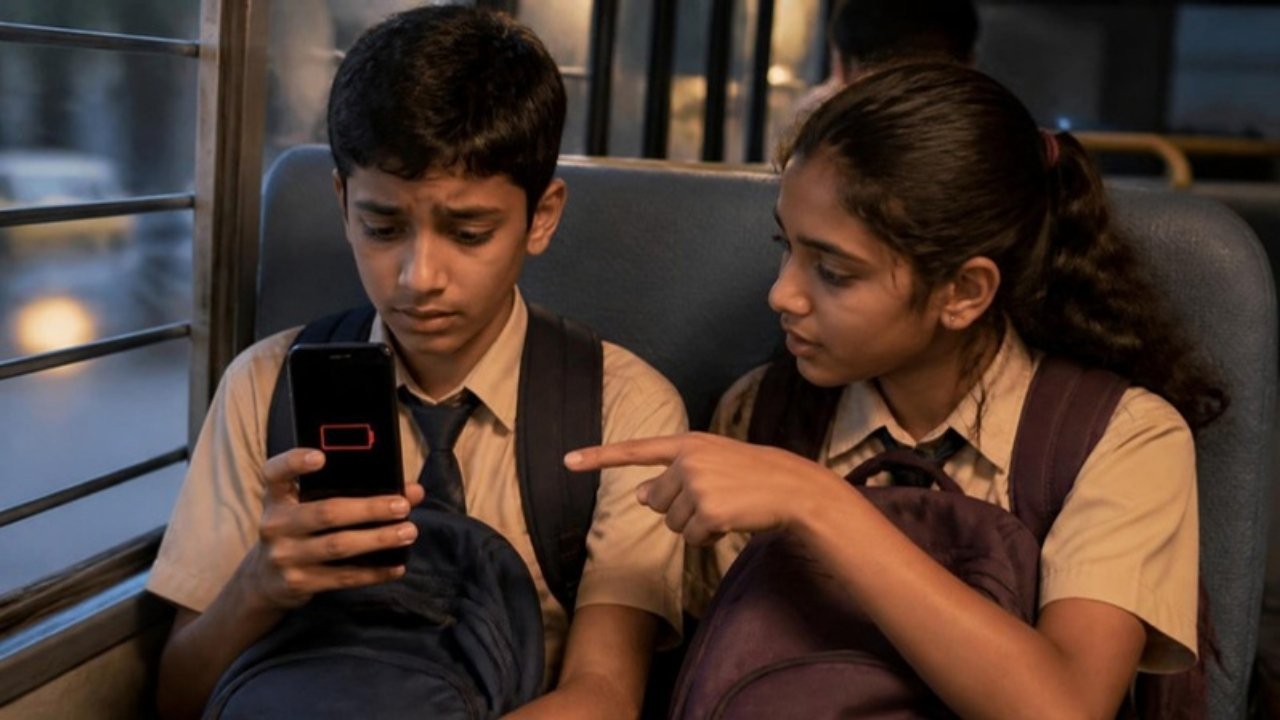 School bus mein baitha ladka phone ki kam battery dekh ke pareshan hai aur paas baithi ladki phone ki taraf ishaara kar rahi hai
