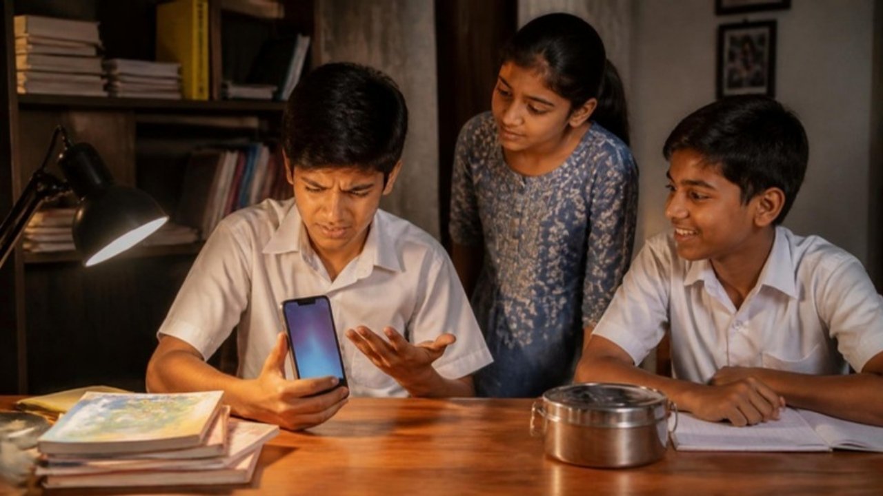 Shaam ko study table pe baitha ladka atke hue phone ko pareshan hokar dekh raha hai, paas khadi ladki aur notebook ke saath baitha doosra ladka dekh rahe hain