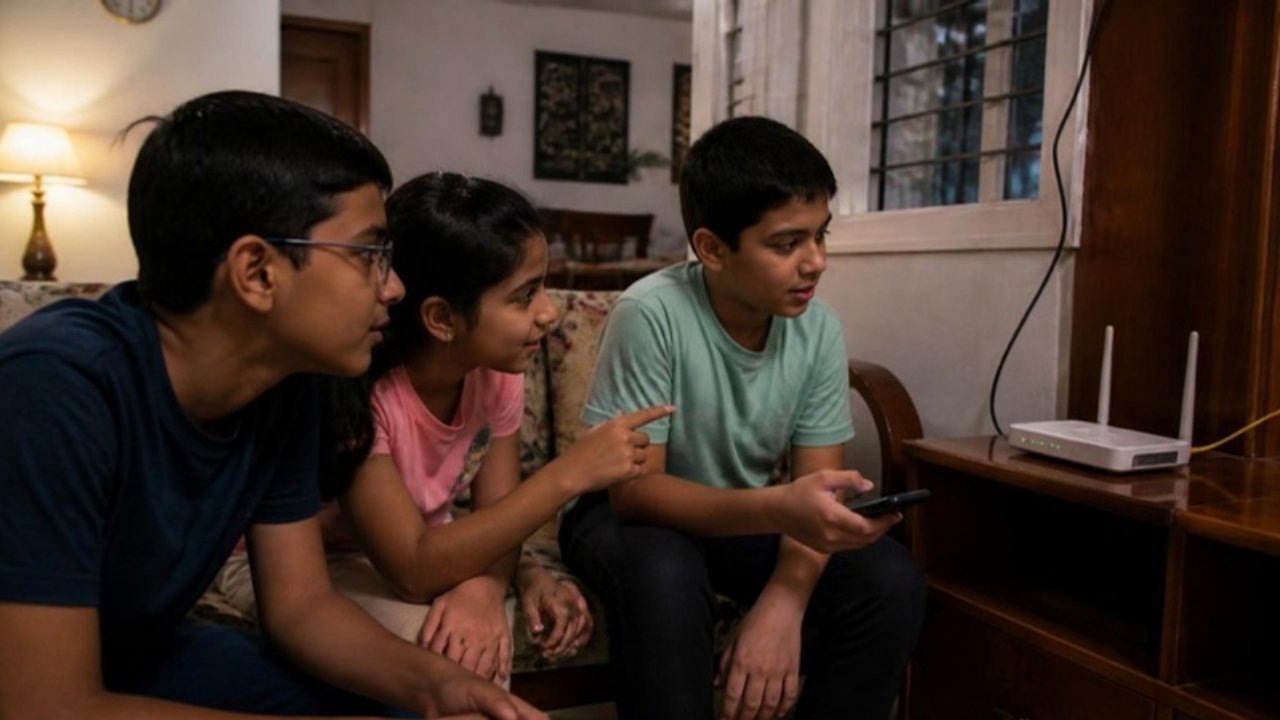 Shaam ko ghar ke drawing room mein sofa pe baithe teen bachche, ek ladka phone pakde shelf pe rakhe chamakti lights wale Wi-Fi router ko dhyan se dekh raha hai