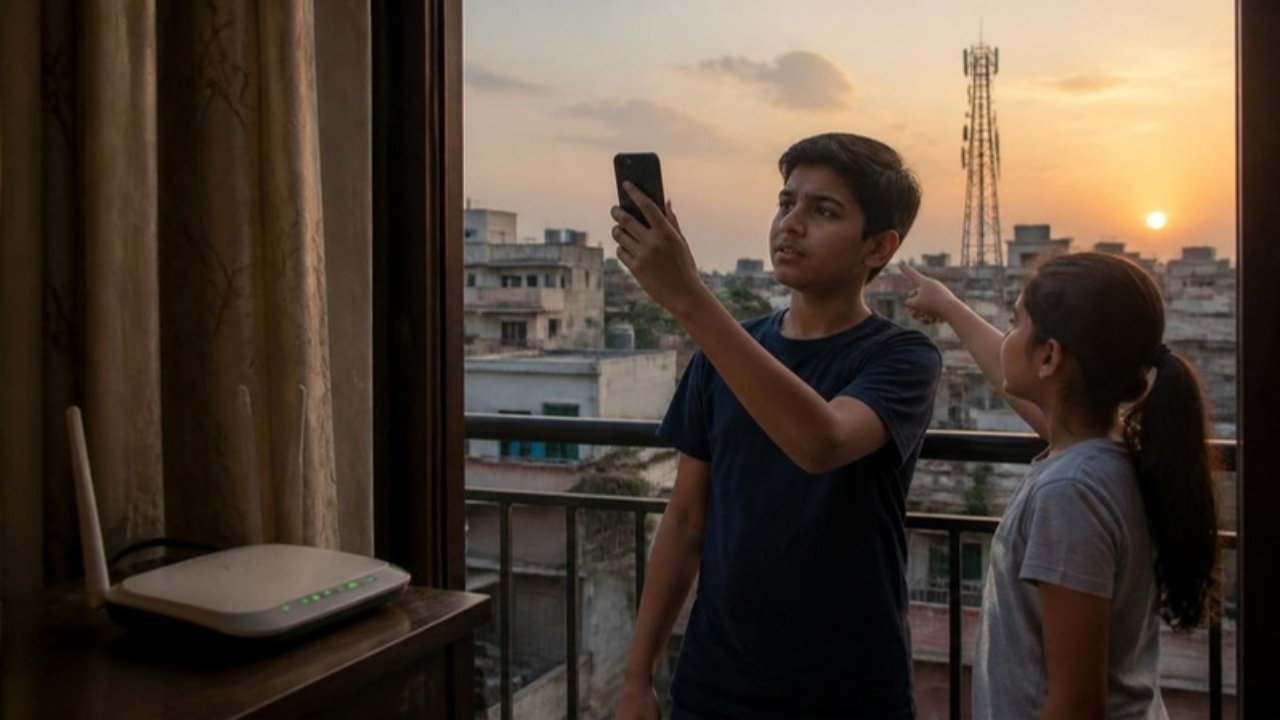 Shaam ko balcony mein phone upar uthaye ek ladka aur door mobile tower ki taraf ishaara karti ladki, andar mez pe chamakti lights wala Wi-Fi router