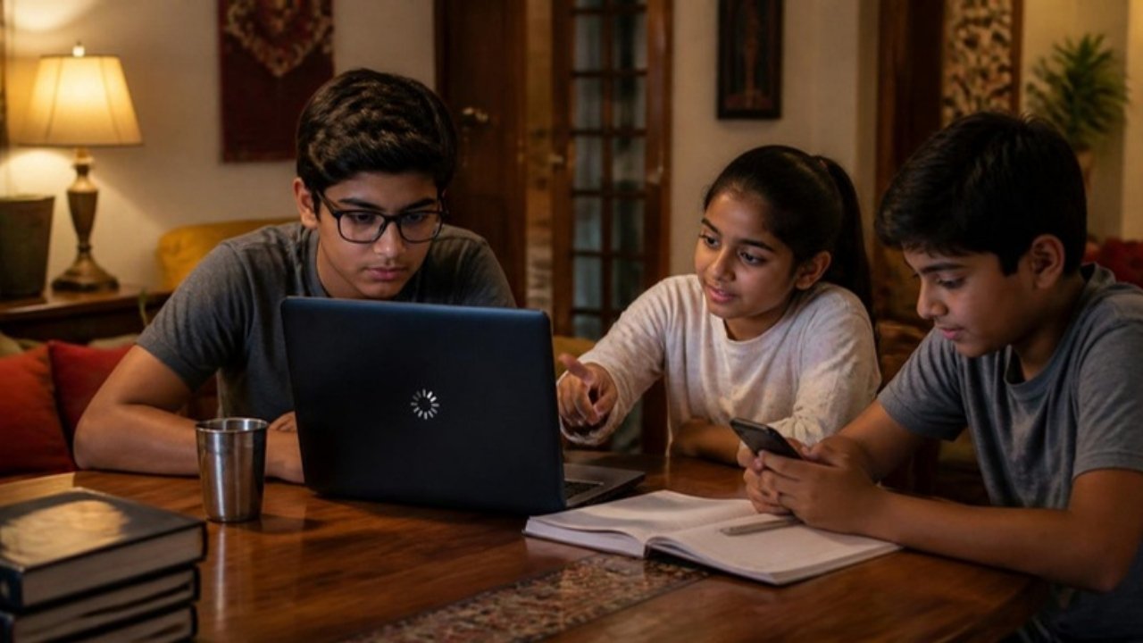 Shaam ko ghar mein laptop pe website khulne ka intezaar karte teen bachche, ek ladki screen ki taraf ishaara karti hui aur ek ladka phone dekhta hua