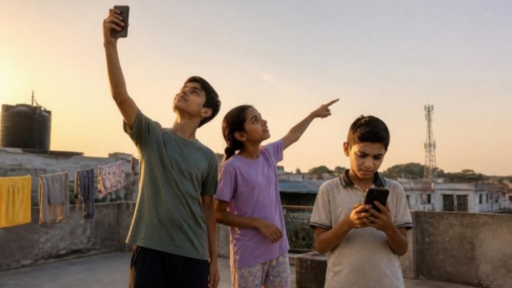 Shaam ko ghar ki chhat pe teen bachche: ek ladka phone upar uthakar signal dhoondh raha hai, ek ladki door ke mobile tower ki taraf ishaara kar rahi hai, aur ek ladka apna phone dekh raha hai