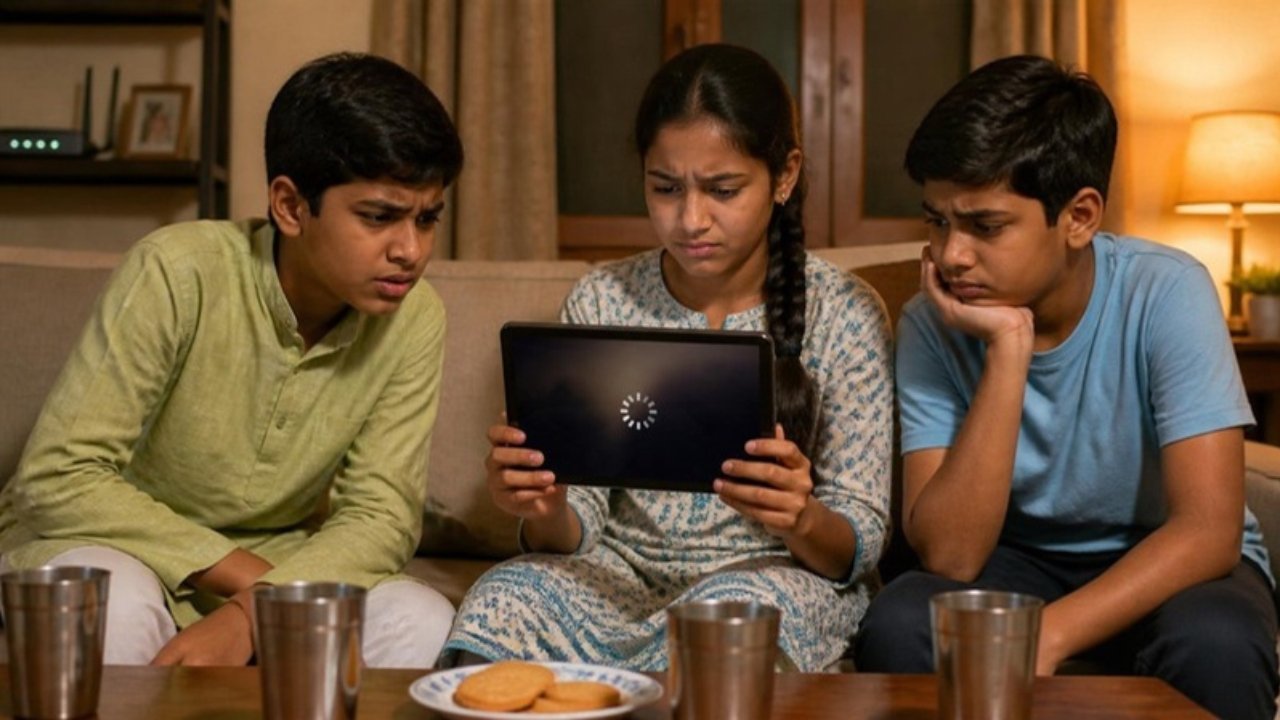 Shaam ko ghar ke sofe pe teen bachche tablet pe ruke hue video aur ghoomte loading gol ko pareshaan hokar dekh rahe hain