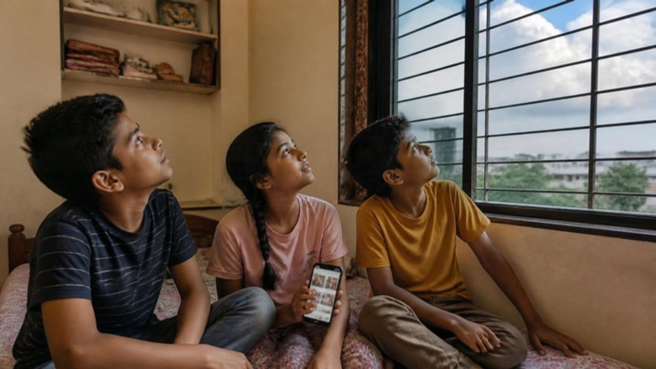 Ghar ke kamre mein teen bachche bed pe baithe khidki ke bahar baadal dekh rahe hain, ek ke haath mein phone hai