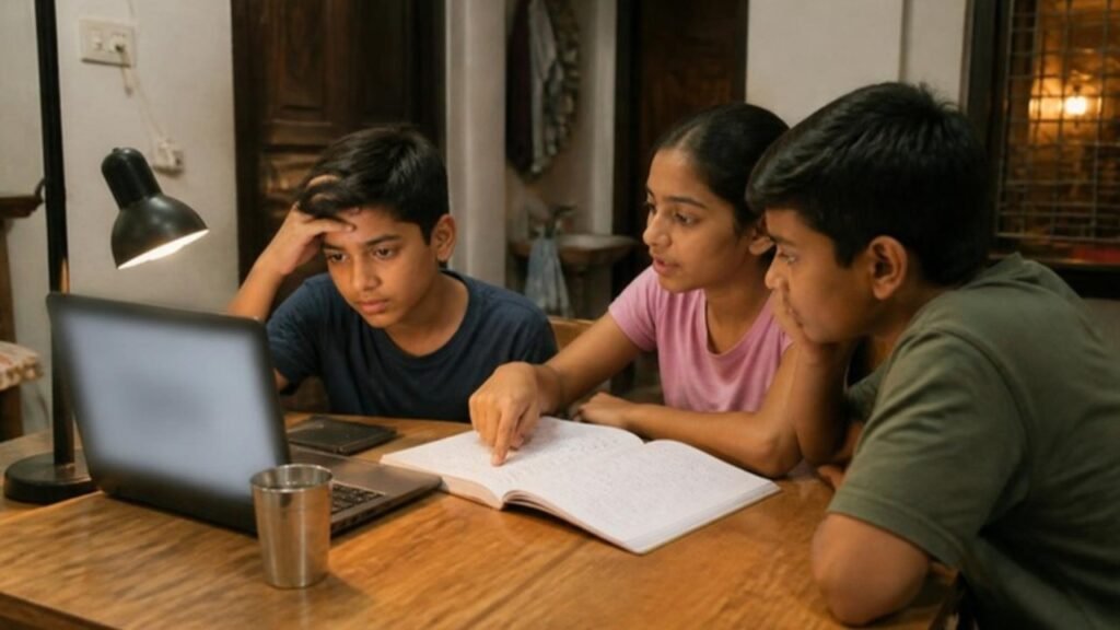 Ghar ki study table pe teen bachche laptop aur copy ke saath baithe hain, ek ladka laptop dekh kar uljhan mein hai aur ladki copy mein kuch dikha rahi hai