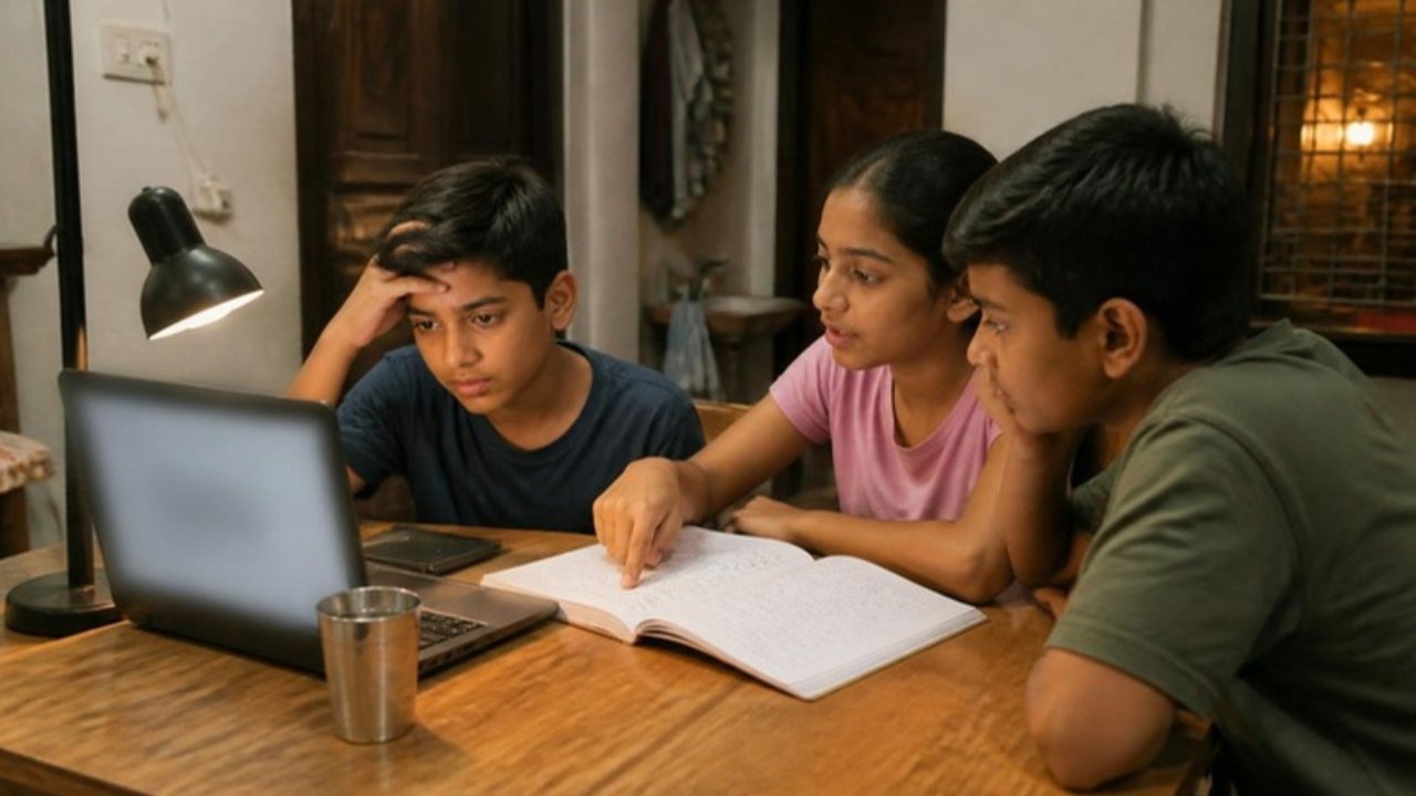 Ghar ki study table pe teen bachche laptop aur copy ke saath baithe hain, ek ladka laptop dekh kar uljhan mein hai aur ladki copy mein kuch dikha rahi hai