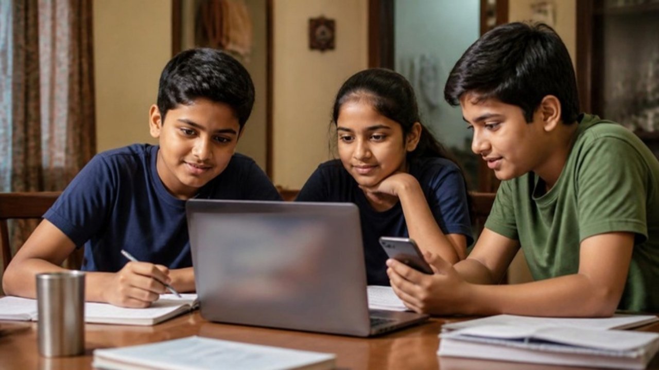 Teen bachche ghar ki study table par laptop aur mobile par homework ke liye kuch dhoondh rahe hain