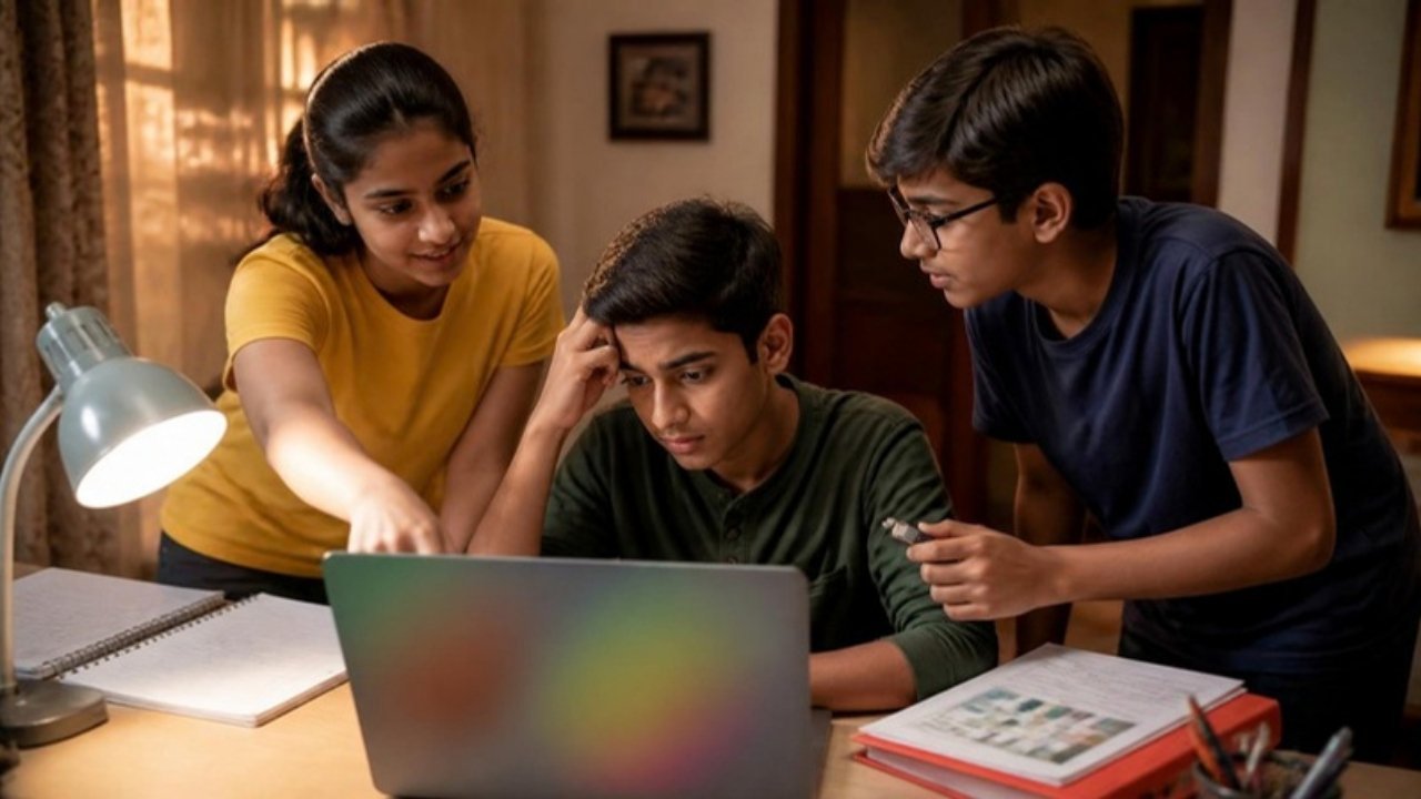 Ghar ki study table par pareshaan Golu laptop ke saamne, Priya screen ki taraf ishaara kar rahi hai aur Rohan haath mein pen drive liye khada hai