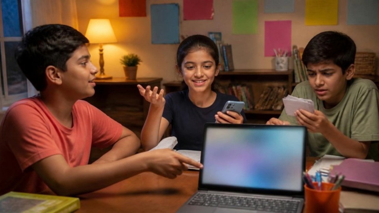 Shaam ko study table par teen bachche: ek laptop ki taraf ishaara karke samjha raha hai, ek ladki mobile pakde muskura rahi hai aur ek ladka kaagaz ki parchiyan dekh raha hai