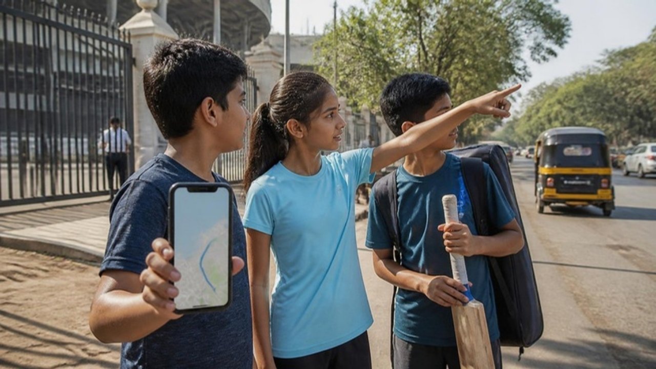 Subah ki dhoop mein ek bade cricket ground ke gate par teen bachche: ek ladka mobile par naksha dekh raha hai, ek ladki sadak ki taraf ishaara kar rahi hai aur ek ladka cricket kit bag liye khada hai