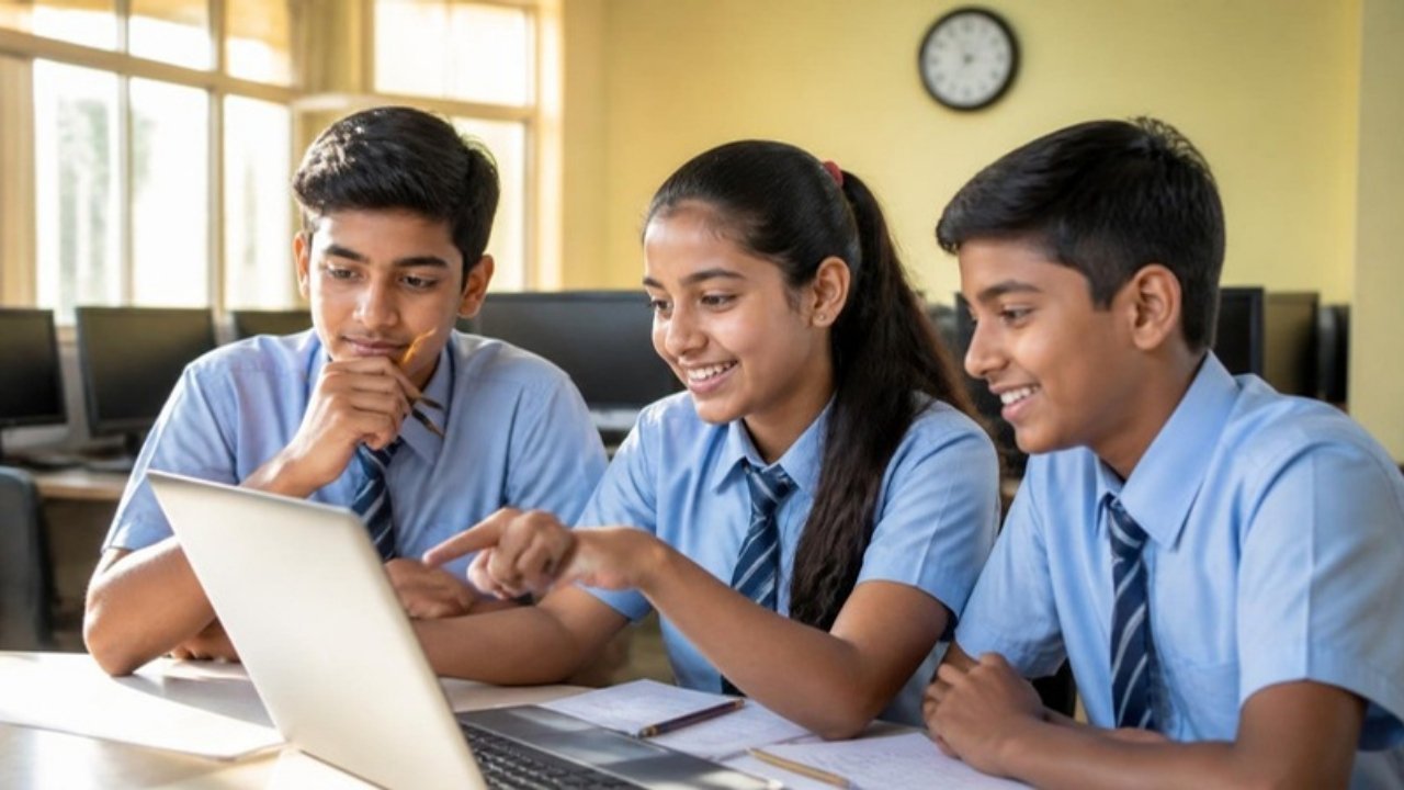 Computer lab mein teen bachche laptop aur question paper ke saath chapter ki revision kar rahe hain