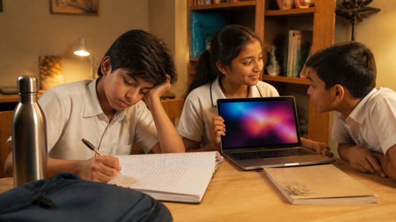 Ghar ki study table par ek thaka hua ladka notebook mein ek hi line baar-baar likh raha hai, paas mein ek ladki laptop dikha rahi hai aur doosra ladka dekh raha hai