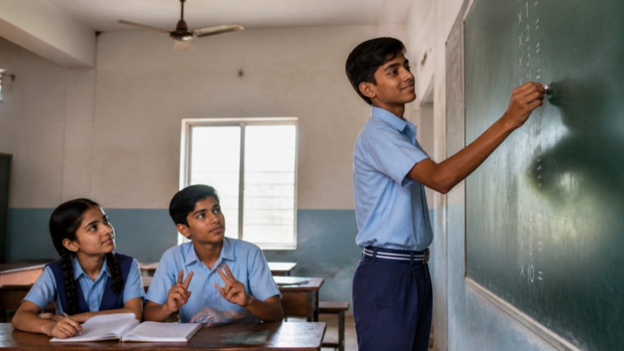 Classroom mein ek ladka chalkboard par numbers likh raha hai, aur desk par baithe ek ladki aur ladka use dekh rahe hain