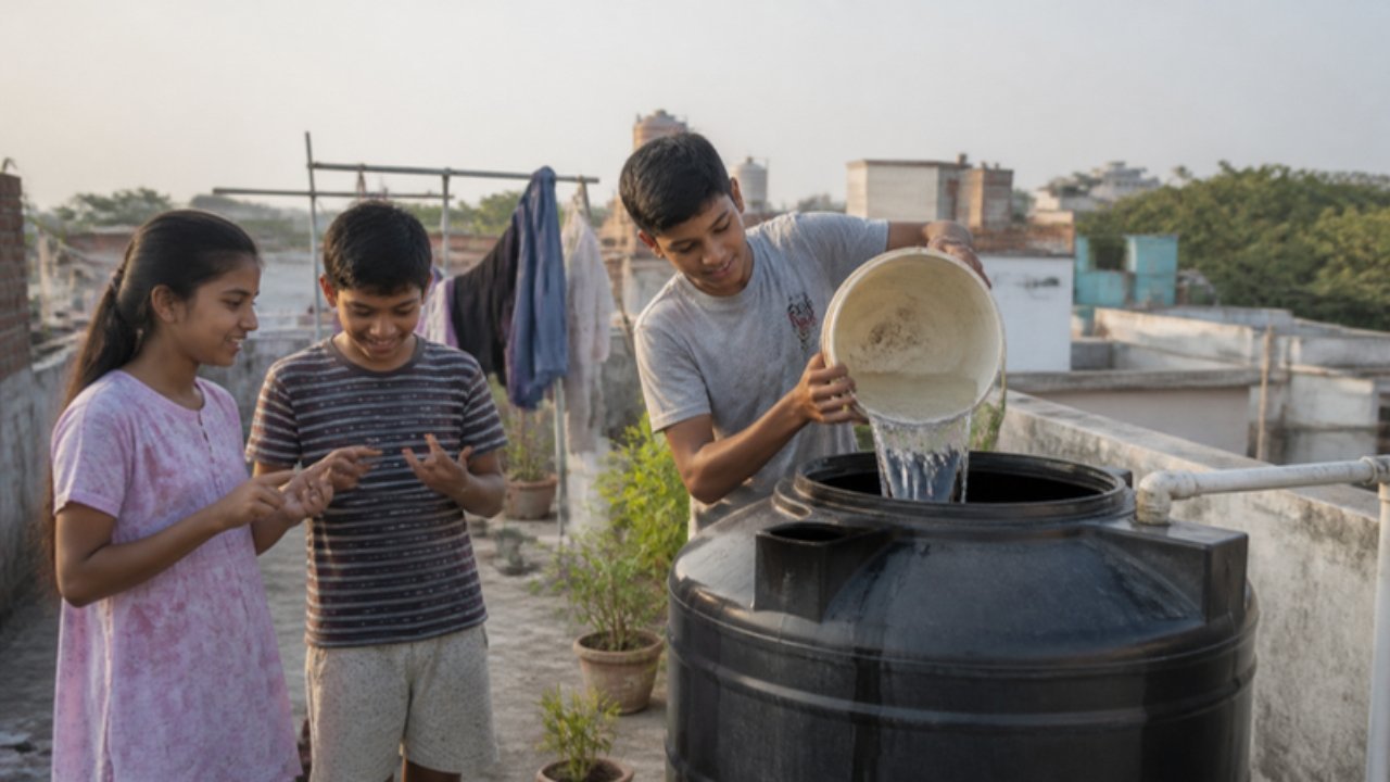 Chhat par ek ladka balti se paani ki kaali tanki mein paani daal raha hai, paas mein ek ladki aur ek ladka ungliyon par ginti kar rahe hain