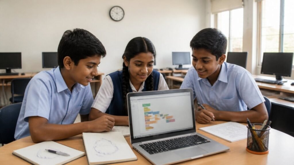 School ke computer lab mein teen bachche laptop, notebook aur question paper ke saath Python loops ki revision kar rahe hain