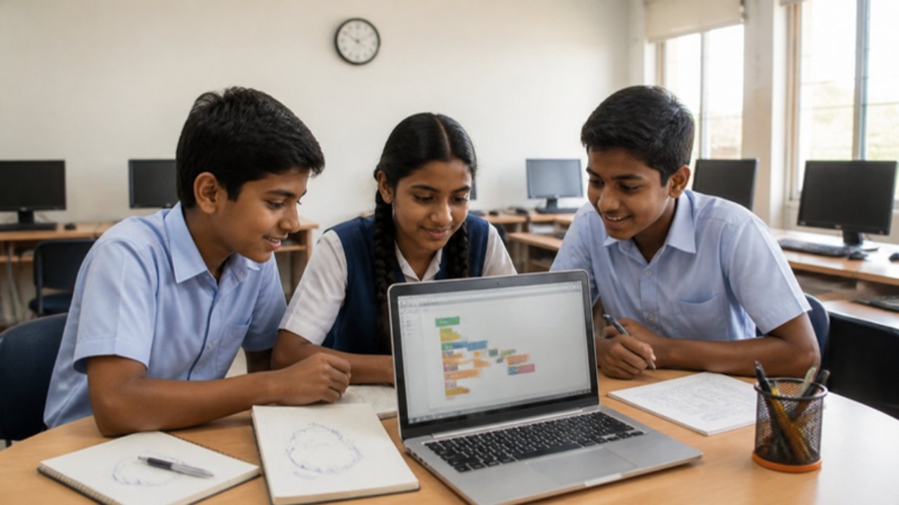 School ke computer lab mein teen bachche laptop, notebook aur question paper ke saath Python loops ki revision kar rahe hain