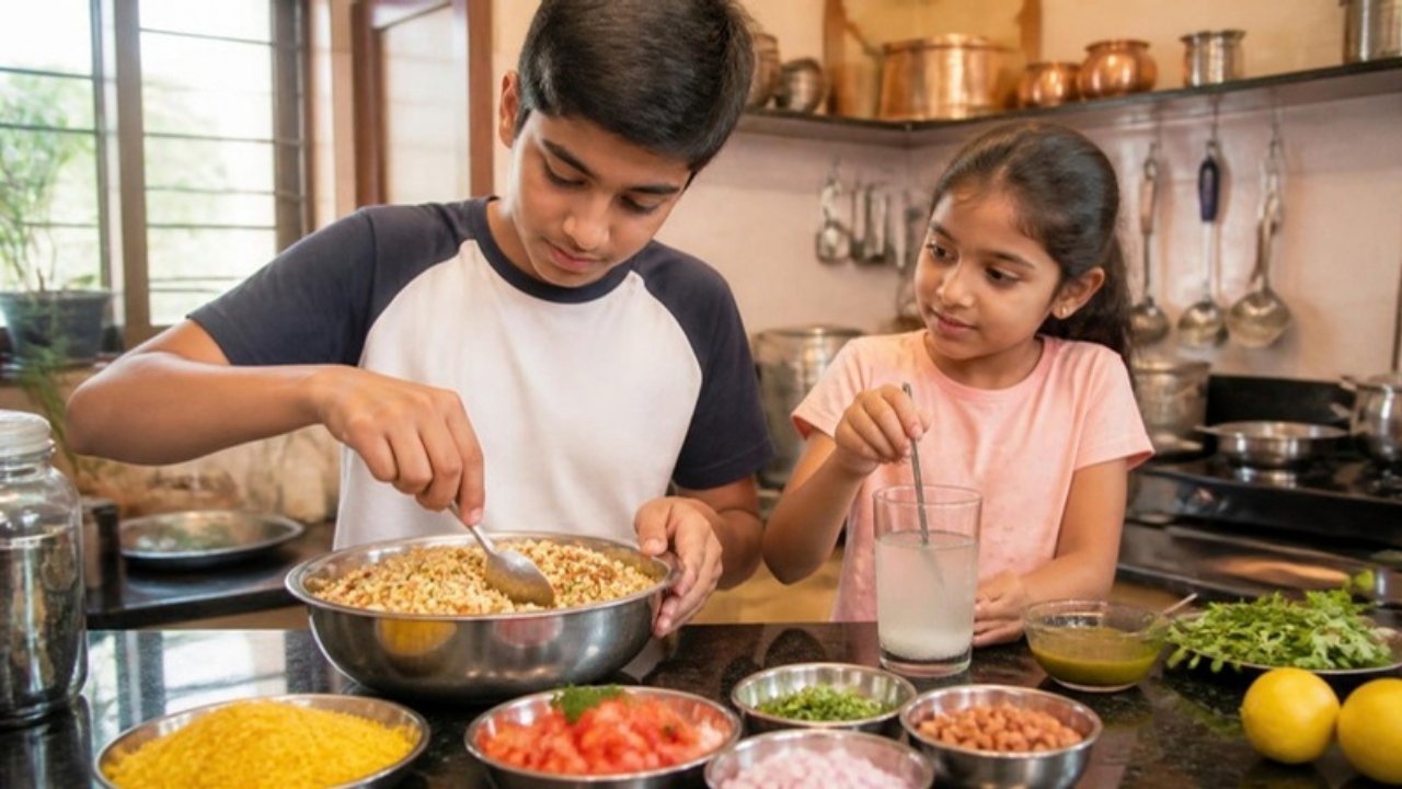 Ek bachcha bhel puri mila raha hai aur uski behen nimbu pani mein cheeni ghol rahi hai