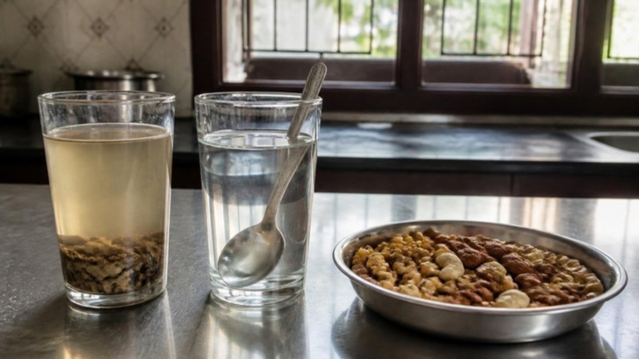 Rasoi ke counter pe do glass: ek mein mitti wala gandla paani, doosre mein saaf cheeni ka ghol, saath mein chane-mewe ki katori