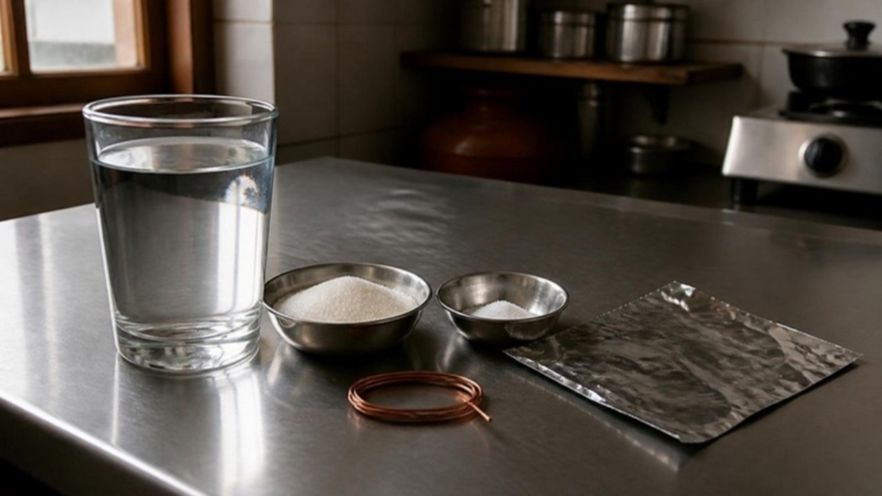 Rasoi ke steel counter par paani ka glass, cheeni aur namak ki katori, tambe ka taar aur aluminium foil