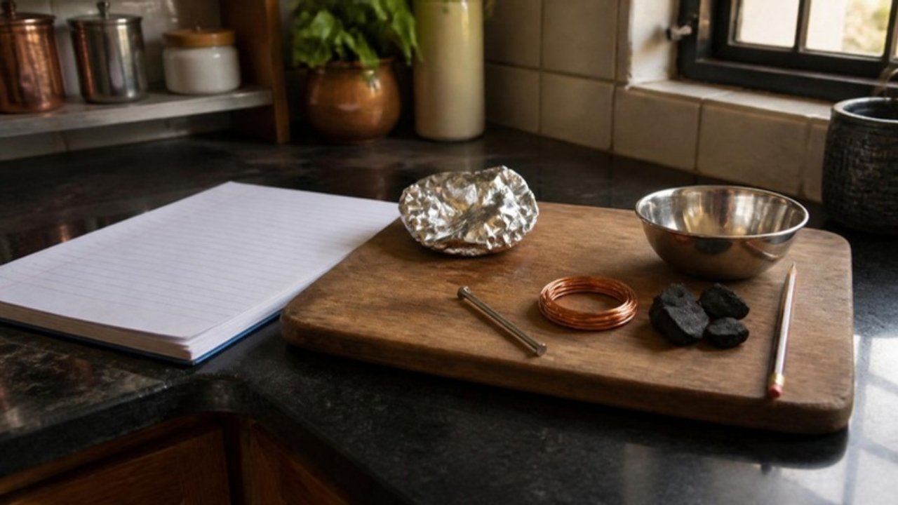 Rasoi ke counter par lakdi ke board pe aluminium foil, loha ki keel, tambe ka taar, koyle ke tukde, pencil aur steel ki katori