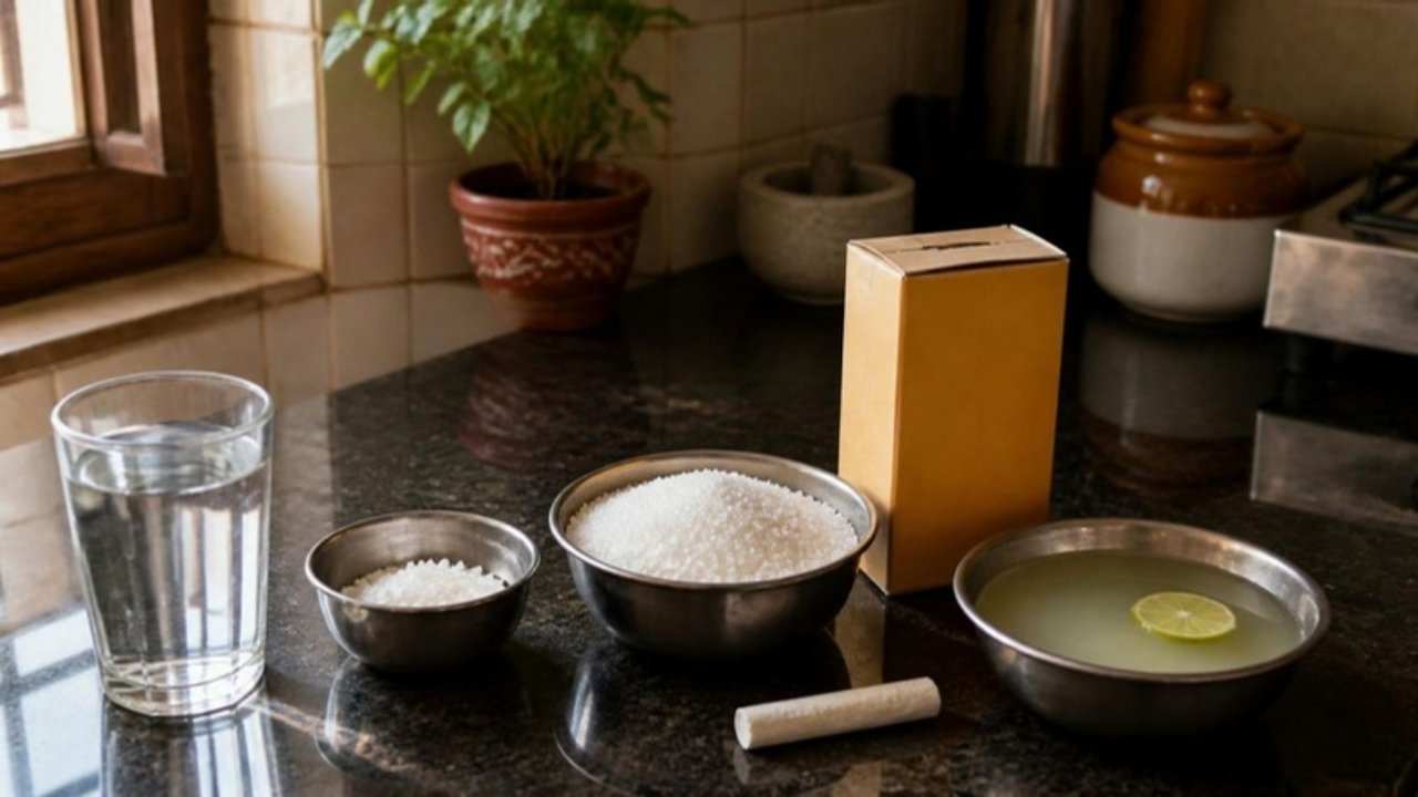 Rasoi ke counter par paani ka glass, namak aur cheeni ki katoriyan, ek dabba, chalk ka tukda aur nimbu paani