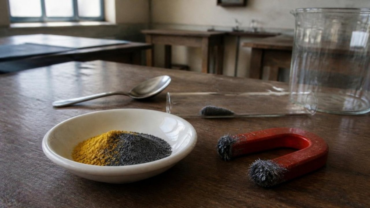 School lab ki mez par loha ka choora aur peela sulfur powder ka mixture, laal magnet jis par choora chipka hai, aur test tube mein kaala padarth