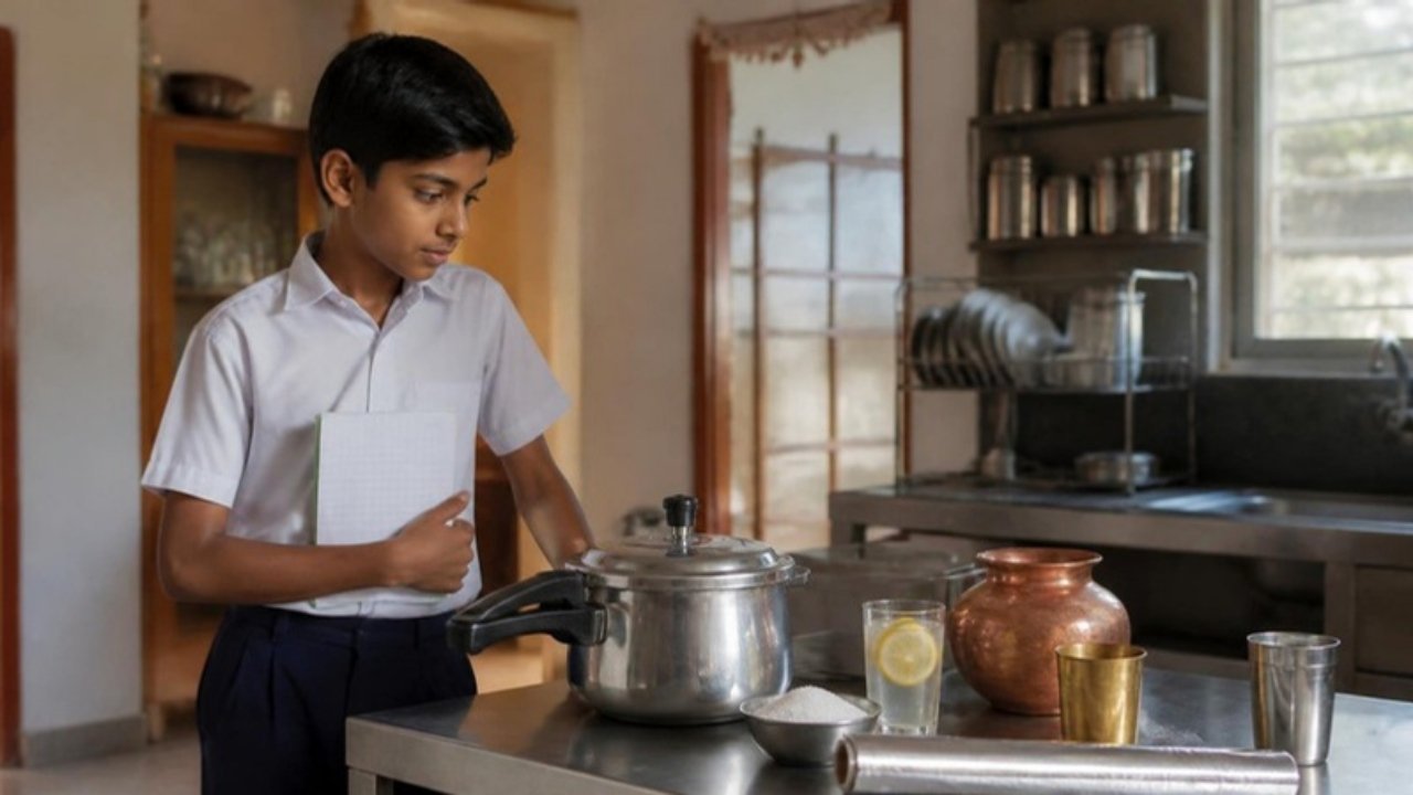 Ghar ki rasoi mein ek ladka steel ka cooker, tambe ka lota, peetal ka glass, namak, nimbu paani aur aluminium foil ko dhyaan se dekh raha hai