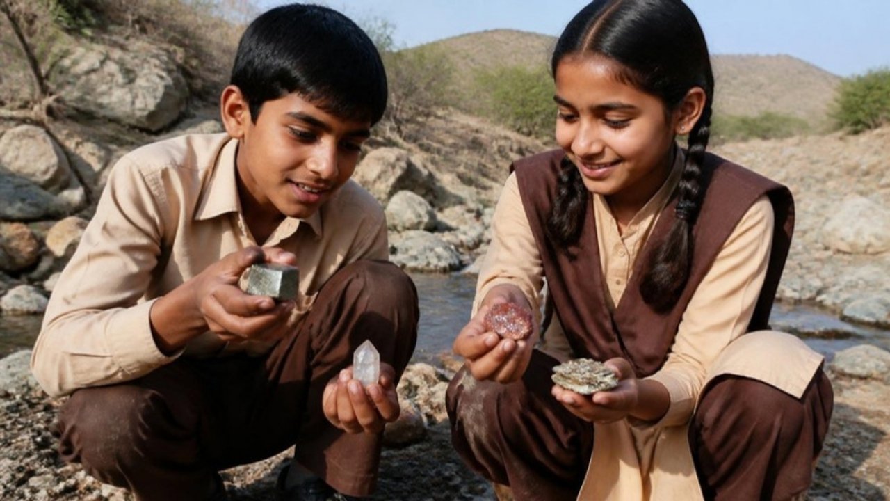 Gaon ke do bachche pahadi naale ke kinare rang-birange patthar aur crystal haath mein le kar dhyaan se dekh rahe hain