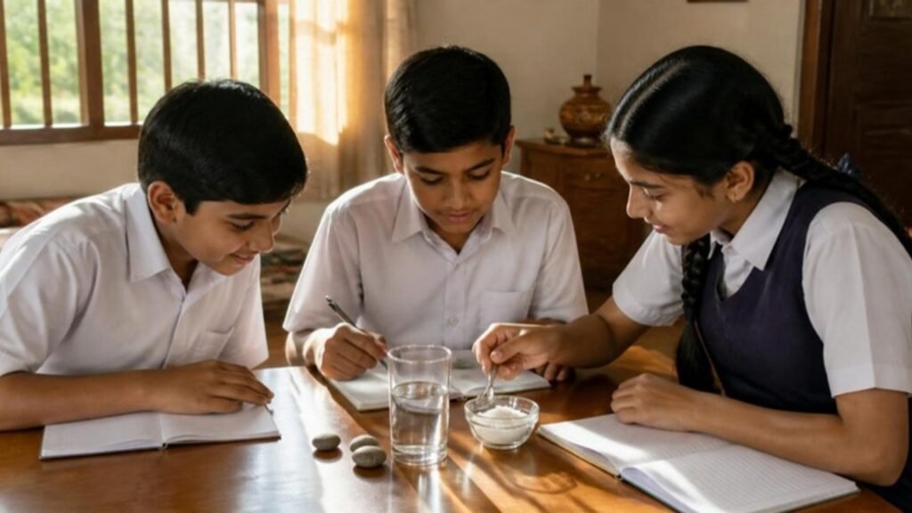 Teen bachche ghar par lakdi ki table par baith kar science ka homework kar rahe hain, saamne paani ka glass, namak ki katori aur kankad rakhe hain
