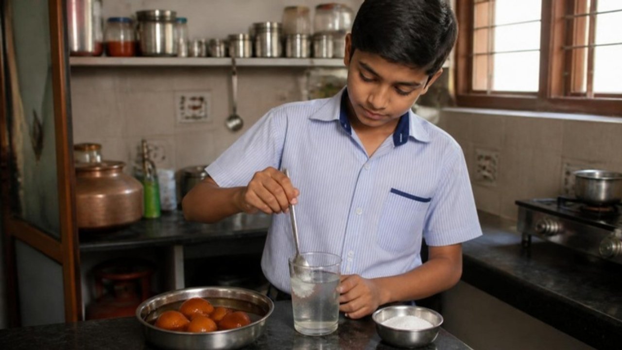 Ek bachcha rasoi mein paani ke glass mein cheeni ghol raha hai, paas mein gulab jamun ki chashni