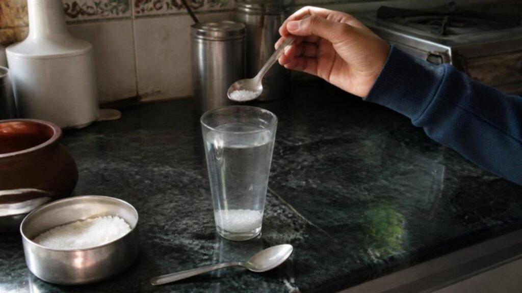 Paani ke glass mein chammach se namak daala ja raha hai, glass ke neeche bina ghula namak jama hai