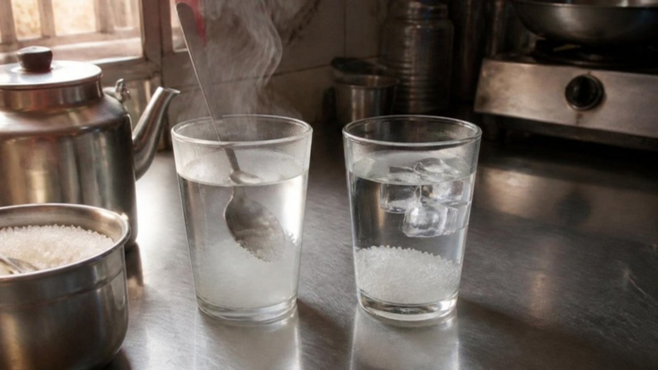 Garam paani ke glass mein cheeni ghul rahi hai, jabki thande paani ke glass ke neeche cheeni bina ghule jami hai