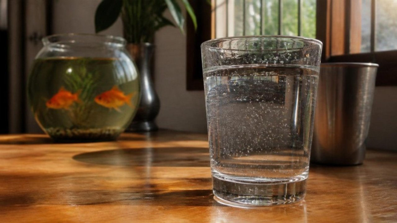 Dhoop wali khidki ke paas lakdi ki mez par paani ka glass, glass ki andar ki deewar par chhote-chhote hawa ke bulbule, peeche machhli ka glass bowl