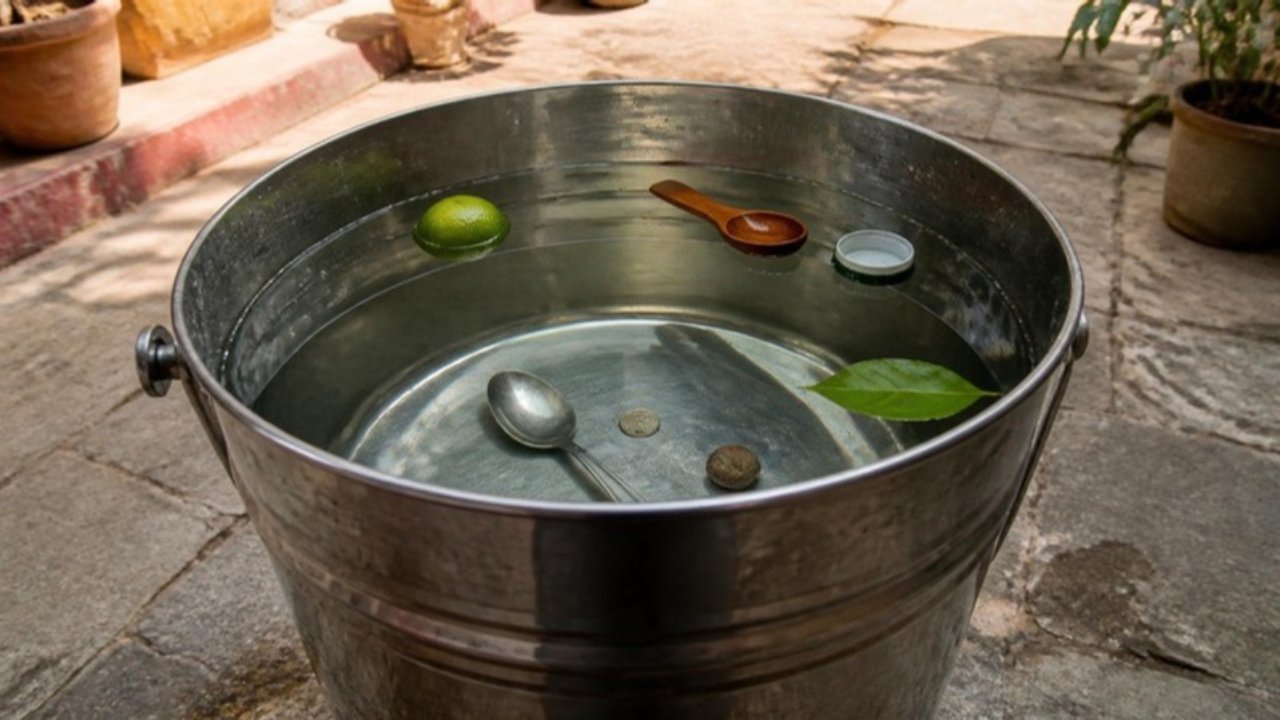 Aangan mein paani se bhari steel ki balti: nimbu, lakdi ka chammach, dhakkan aur patta upar tair rahe hain, jabki steel ka chammach, sikke aur kankad tale mein doobe hain