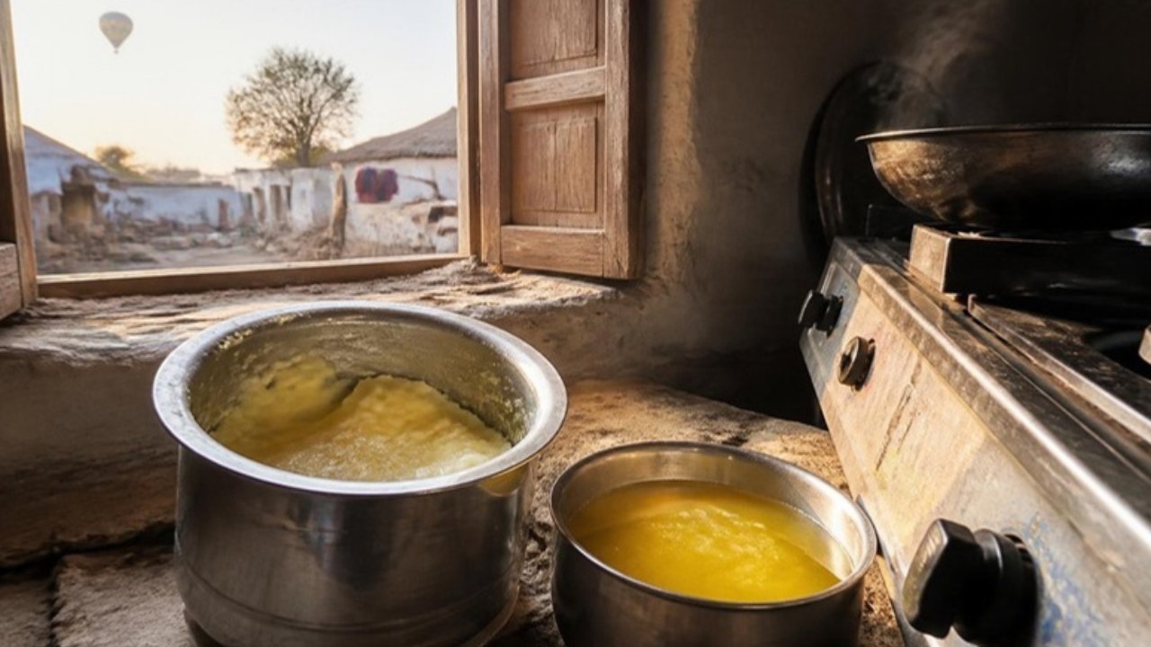 Rasoi mein ek bartan mein jama hua ghee aur doosri katori mein pighla sunehra ghee, gas stove ke paas; khidki se gaon ke aasmaan mein garam hawa ka gubbara dikh raha hai