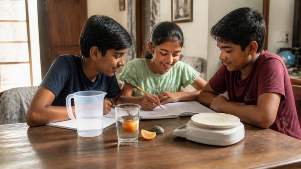 Teen bachche ghar ki lakdi ki table par science homework kar rahe hain; saamne paani ka glass, santra, jug aur rasoi ka weighing scale rakha hai