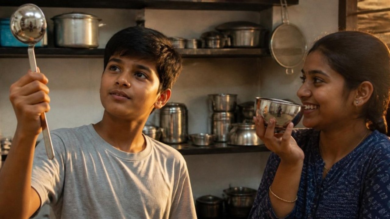 Rasoi mein ek ladka steel ki karchhi mein aur uski behen katori mein apna pratibimb dekh rahe hain