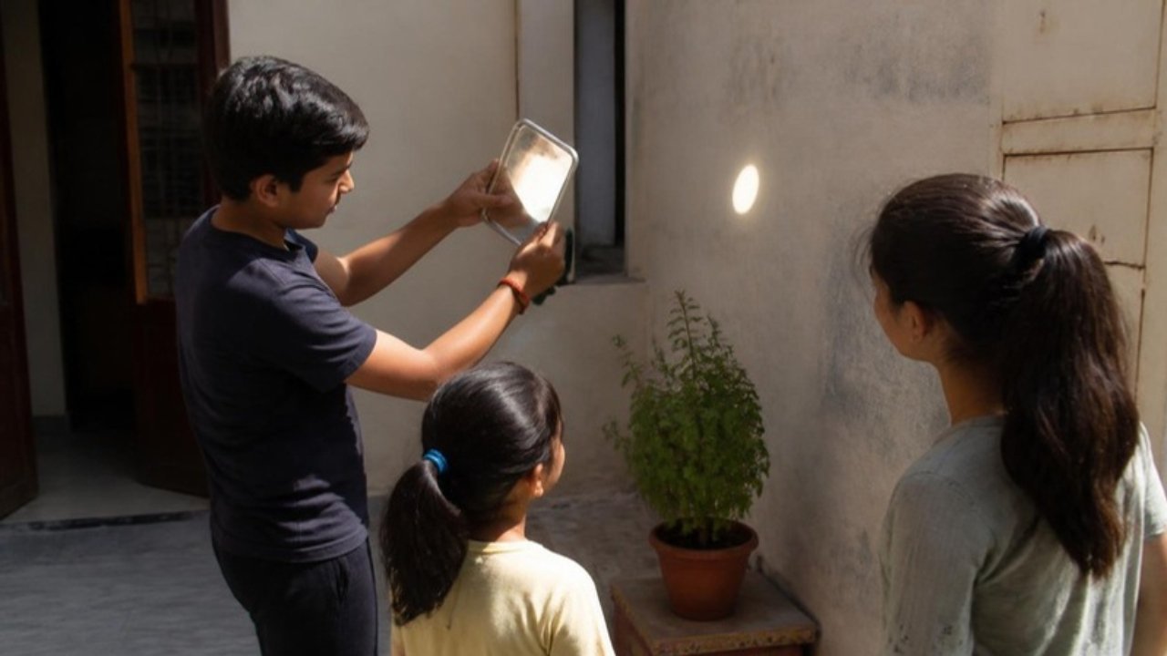 Aangan mein ek ladka chhote sheeshe se dhoop ka dhabba deewar par daal raha hai, do ladkiyan dekh rahi hain